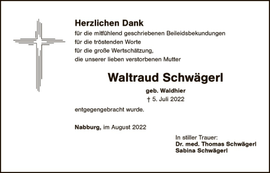Traueranzeige von Waltraud Schwägerl von Landkreis Schwandorf