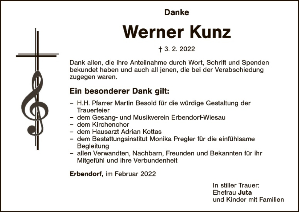  Traueranzeige für Werner Kunz vom 19.02.2022 aus Tirschenreuth + Eschenbach - Kemnath - Erbendorf