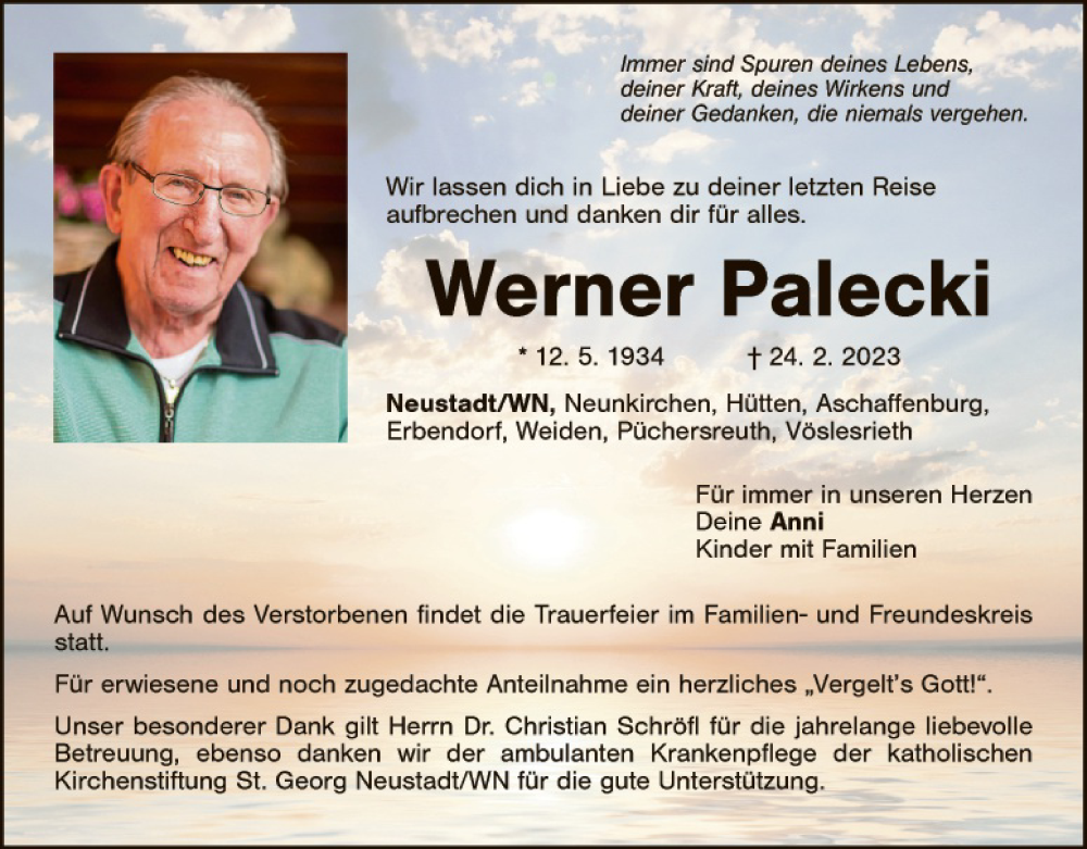  Traueranzeige für Werner Palecki vom 04.03.2023 aus Hauptausgabe Weiden
