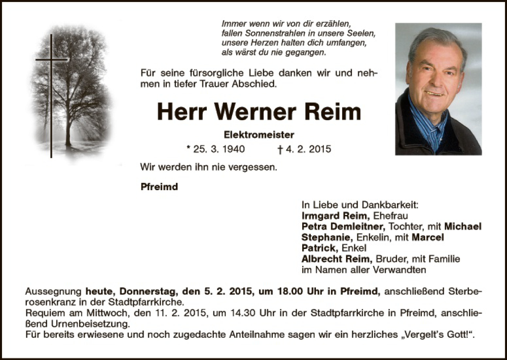  Traueranzeige für Werner Reim vom 05.02.2015 aus Hauptausgabe Weiden