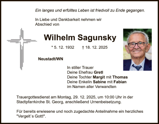 Traueranzeige von Wilhelm Sagunsky von Hauptausgabe Weiden