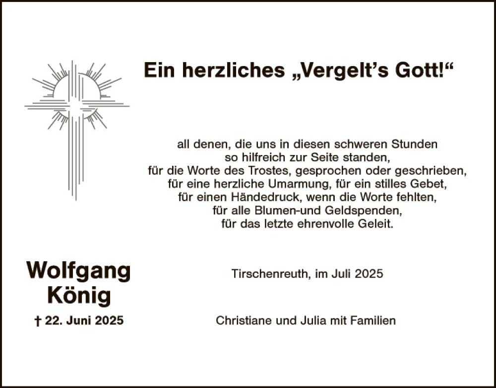  Traueranzeige für Wolfgang König vom 19.07.2025 aus Tirschenreuth + Eschenbach - Kemnath - Erbendorf