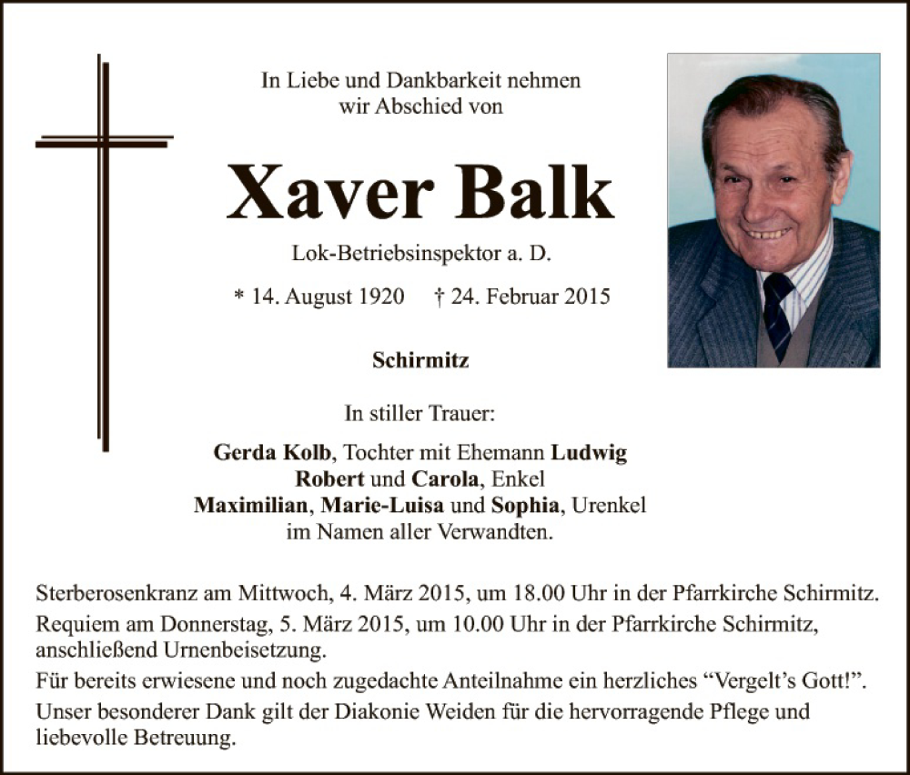 Traueranzeige für Xaver Balk vom 02.03.2015 aus Hauptausgabe Weiden