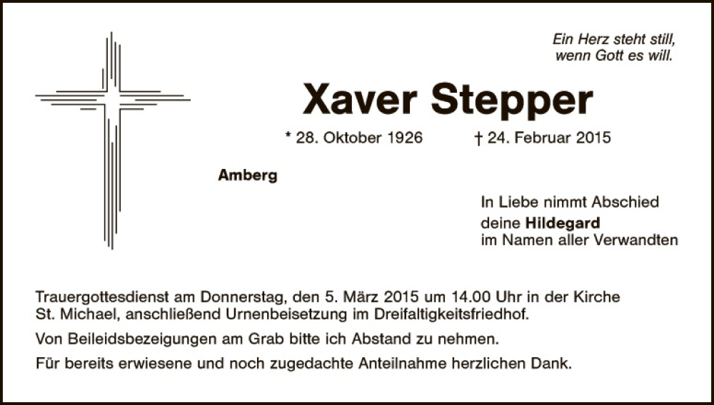  Traueranzeige für Xaver Stepper vom 03.03.2015 aus Hauptausgabe Amberg