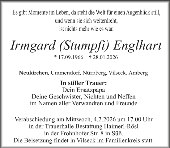 Traueranzeige von Irmgard Englhart von Hauptausgabe Amberg
