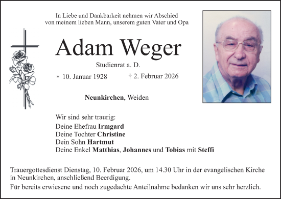 Traueranzeige von Adam Weger von Hauptausgabe Weiden