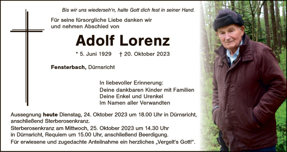  Traueranzeige für Adolf Lorenz vom 24.10.2023 aus Amberger Zeitung / Sulzbach - Rosenberger Zeitung + Landkreis Schwandorf