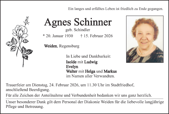 Traueranzeige von Agnes Schinner von Hauptausgabe Weiden