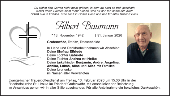 Traueranzeige von Albert Baumann von Hauptausgabe Weiden