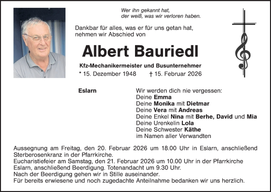 Traueranzeige von Albert Bauriedl von Landkreis Schwandorf und Vohenstrauß