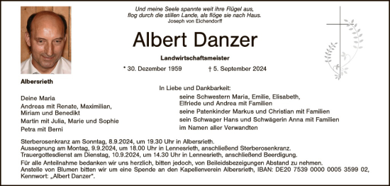 Traueranzeige von Albert Danzer von Hauptausgabe Weiden
