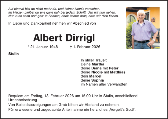 Traueranzeige von Albert Dirrigl von Landkreis Schwandorf