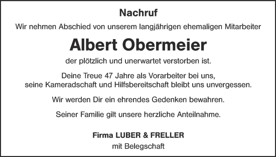 Traueranzeige von Albert Obermeier von Hauptausgabe Amberg