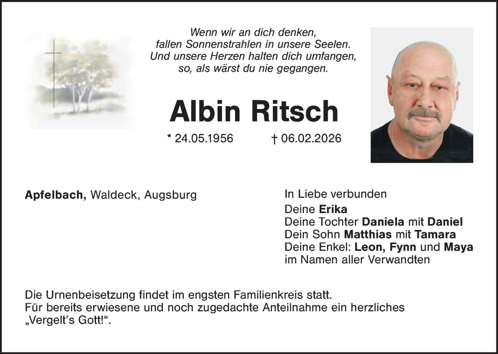  Traueranzeige für Albin Ritsch vom 14.02.2026 aus Tirschenreuth + Eschenbach - Kemnath - Erbendorf
