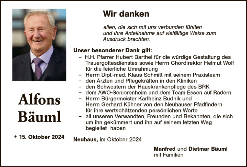  Traueranzeige für Alfons Bäuml vom 26.10.2024 aus Hauptausgabe Weiden