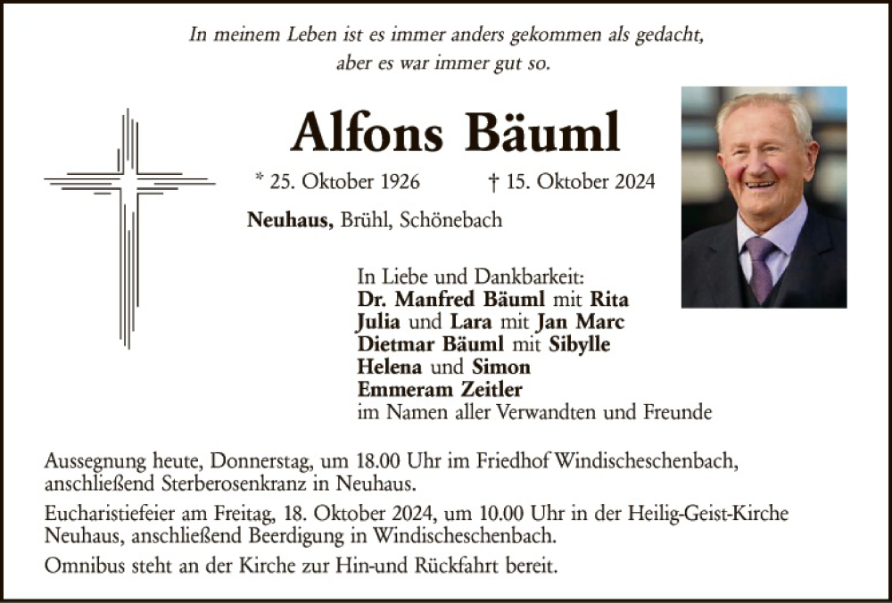  Traueranzeige für Alfons Bäuml vom 17.10.2024 aus Hauptausgabe Weiden
