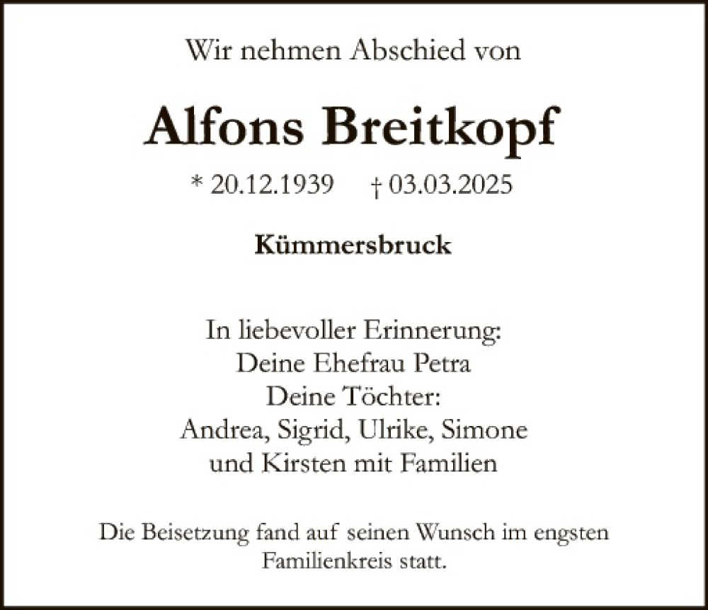  Traueranzeige für Alfons Breitkopf vom 22.03.2025 aus Hauptausgabe Amberg