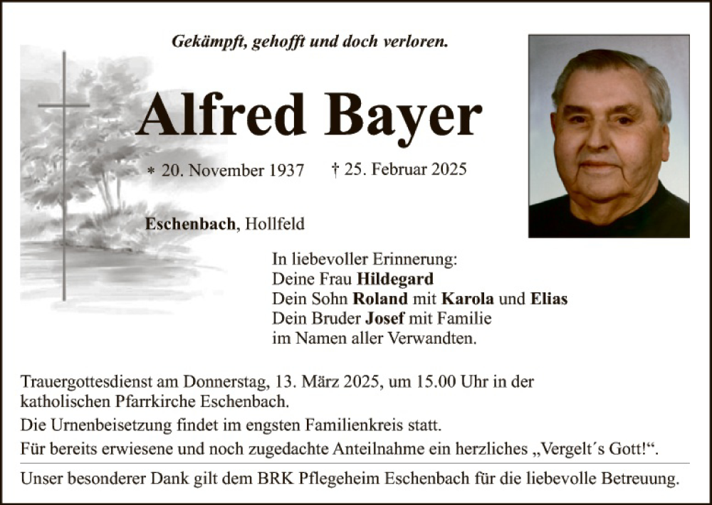  Traueranzeige für Alfred Bayer vom 08.03.2025 aus Tirschenreuth + Eschenbach - Kemnath - Erbendorf