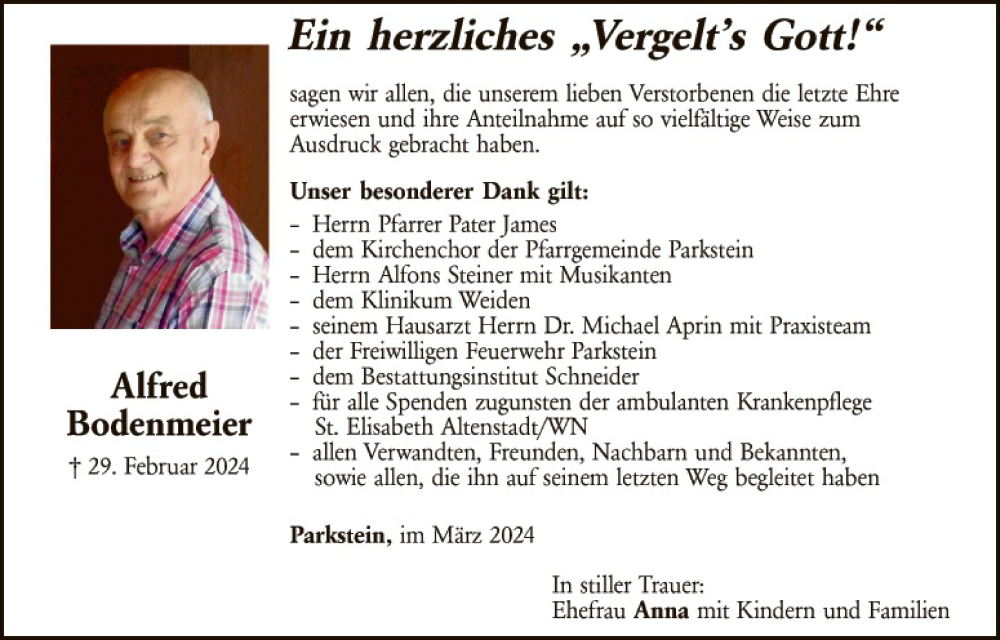  Traueranzeige für Alfred Bodenmeier vom 23.03.2024 aus Hauptausgabe Weiden