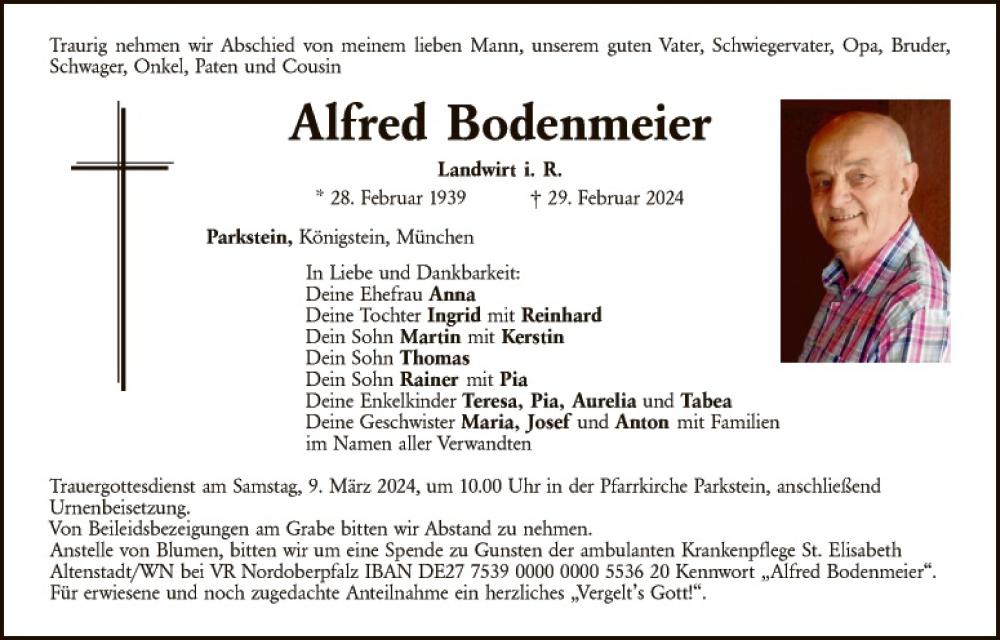  Traueranzeige für Alfred Bodenmeier vom 02.03.2024 aus Hauptausgabe Weiden