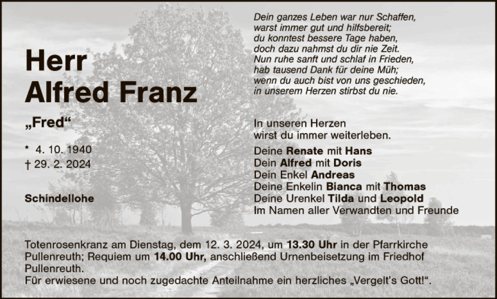  Traueranzeige für Alfred Franz vom 09.03.2024 aus Tirschenreuth + Eschenbach - Kemnath - Erbendorf