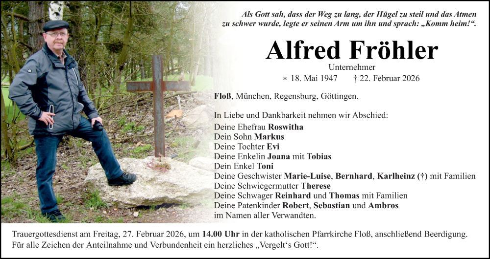  Traueranzeige für Alfred Fröhler vom 25.02.2026 aus Hauptausgabe Weiden