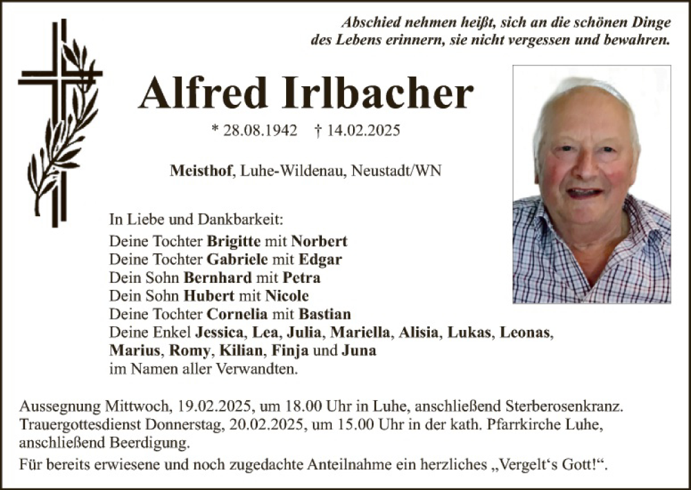  Traueranzeige für Alfred Irlbacher vom 17.02.2025 aus Hauptausgabe Weiden