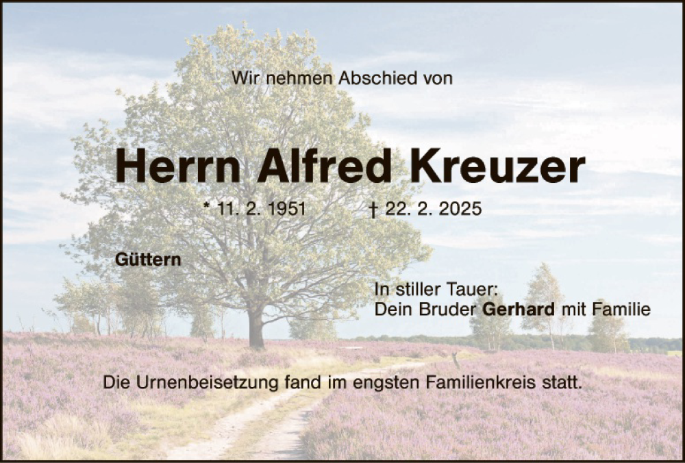  Traueranzeige für Alfred Kreuzer vom 08.03.2025 aus Tirschenreuth + Eschenbach - Kemnath - Erbendorf