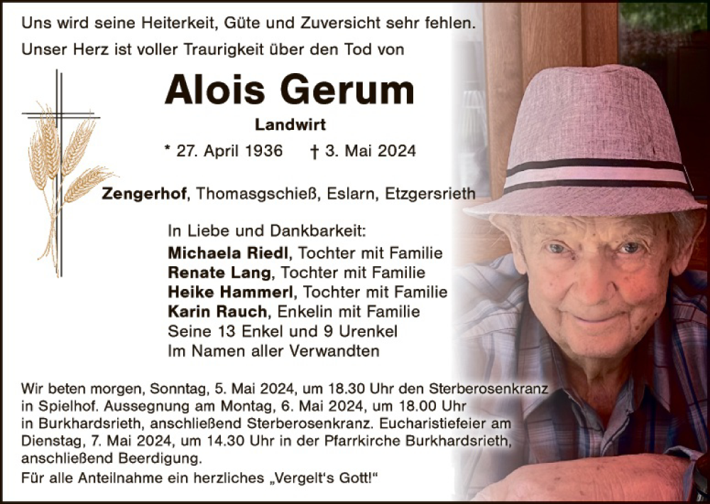  Traueranzeige für Alois Gerum vom 04.05.2024 aus Hauptausgabe Weiden