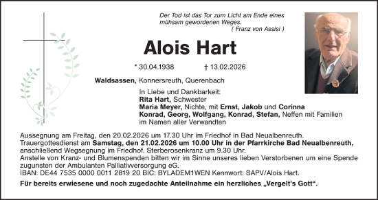 Traueranzeige von Alois Hart von Tirschenreuth + Eschenbach - Kemnath - Erbendorf