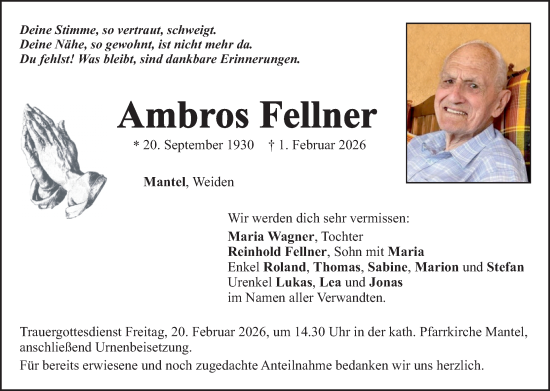 Traueranzeige von Ambros Fellner von Hauptausgabe Weiden