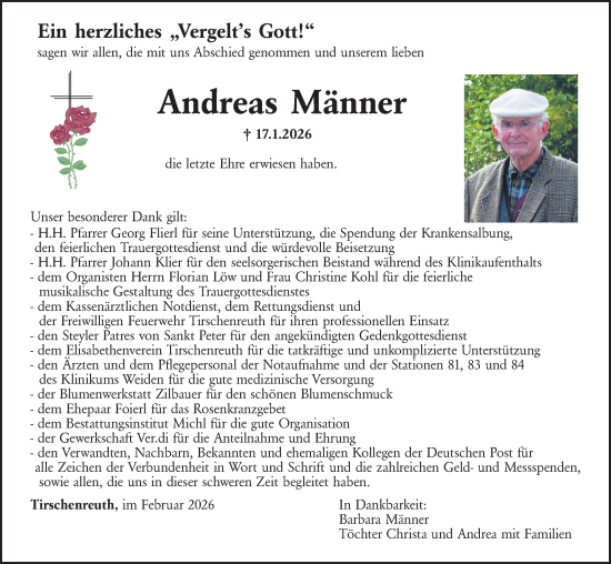 Traueranzeige von Andreas Männer von Hauptausgabe Weiden