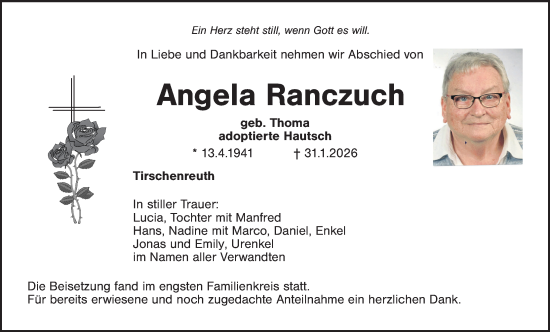 Traueranzeige von Angela Ranczuch von Tirschenreuth + Eschenbach - Kemnath - Erbendorf