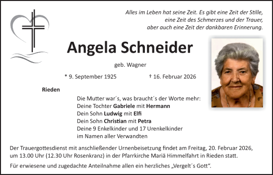 Traueranzeige von Angela Schneider von Hauptausgabe Amberg