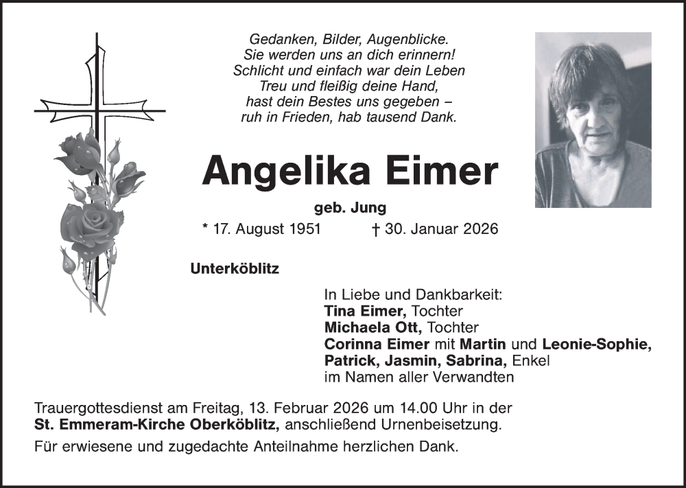  Traueranzeige für Angelika Eimer vom 10.02.2026 aus Landkreis Schwandorf