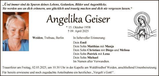 Traueranzeige von Angelika Geiser von Hauptausgabe Weiden