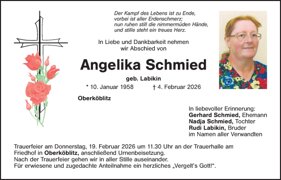 Traueranzeige von Angelika Schmied von Landkreis Schwandorf