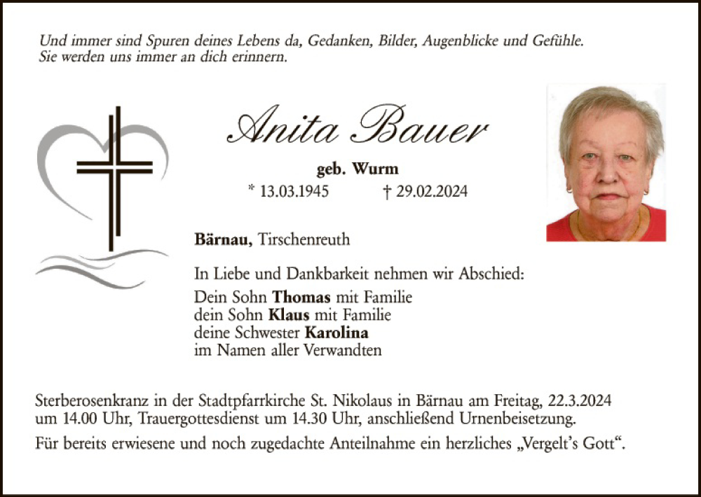  Traueranzeige für Anita Bauer vom 19.03.2024 aus Tirschenreuth + Eschenbach - Kemnath - Erbendorf