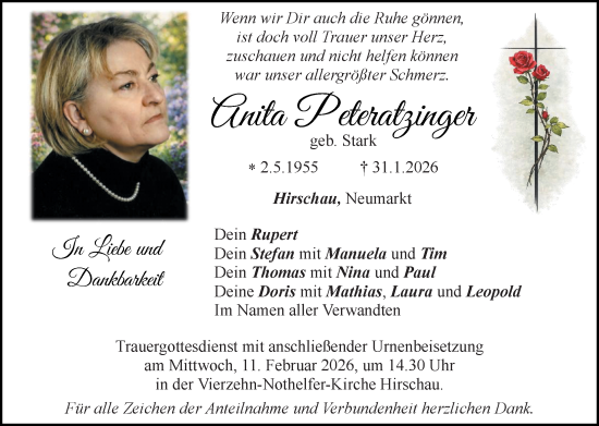 Traueranzeige von Anita Peteratzinger von Hauptausgabe Amberg