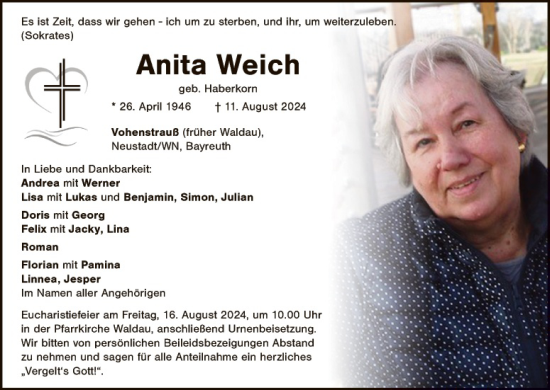 Traueranzeige von Anita Weich von Landkreis Schwandorf und Vohenstrauß