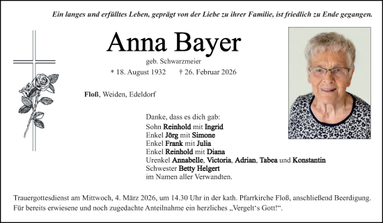 Traueranzeige von Anna Bayer von Hauptausgabe Weiden