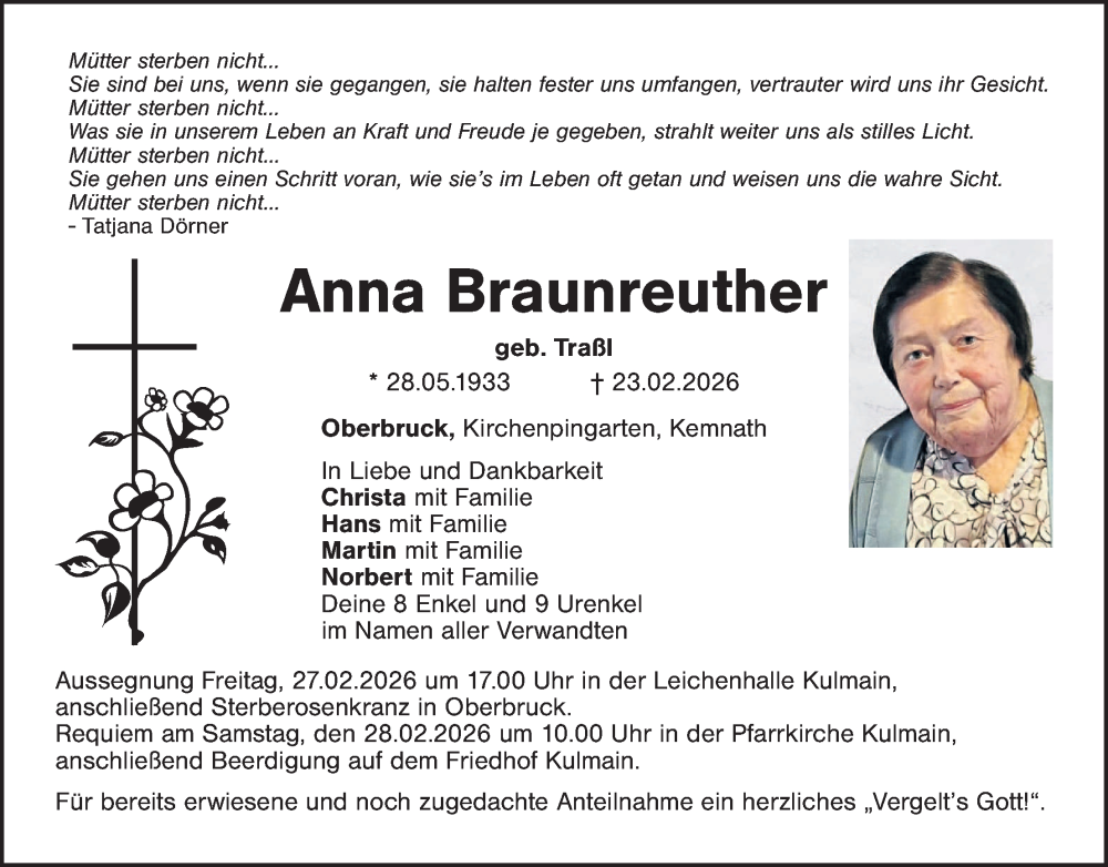  Traueranzeige für Anna Braunreuther vom 26.02.2026 aus Tirschenreuth + Eschenbach - Kemnath - Erbendorf