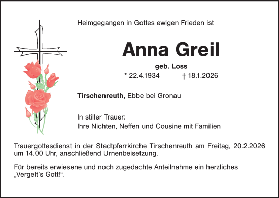 Traueranzeige von Anna Greil von Tirschenreuth + Eschenbach - Kemnath - Erbendorf