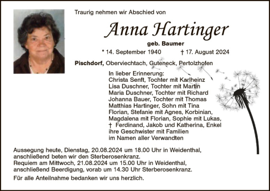 Traueranzeige von Anna Hartinger von Landkreis Schwandorf