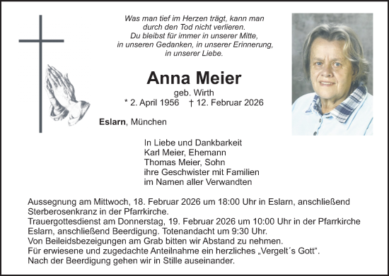 Traueranzeige von Anna Meier von Landkreis Schwandorf und Vohenstrauß