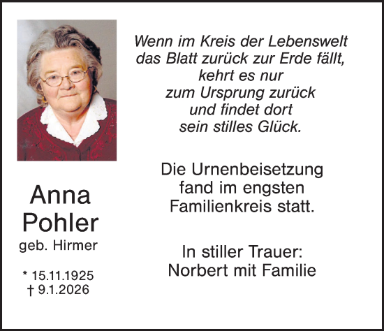 Traueranzeige von Anna Pohler von Hauptausgabe Weiden