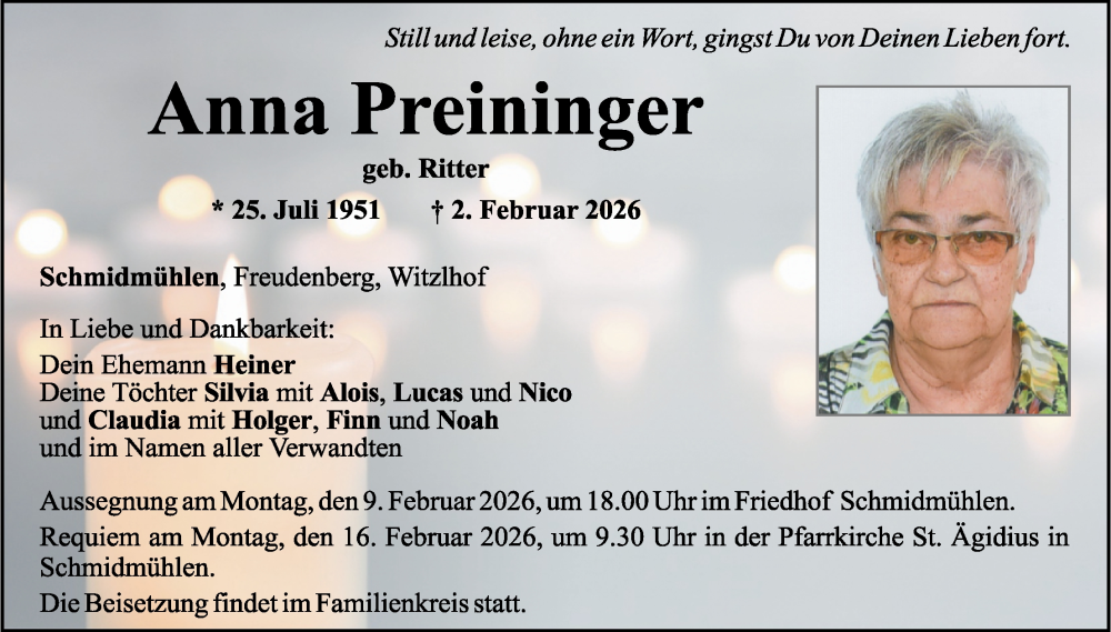  Traueranzeige für Anna Preininger vom 07.02.2026 aus Hauptausgabe Amberg