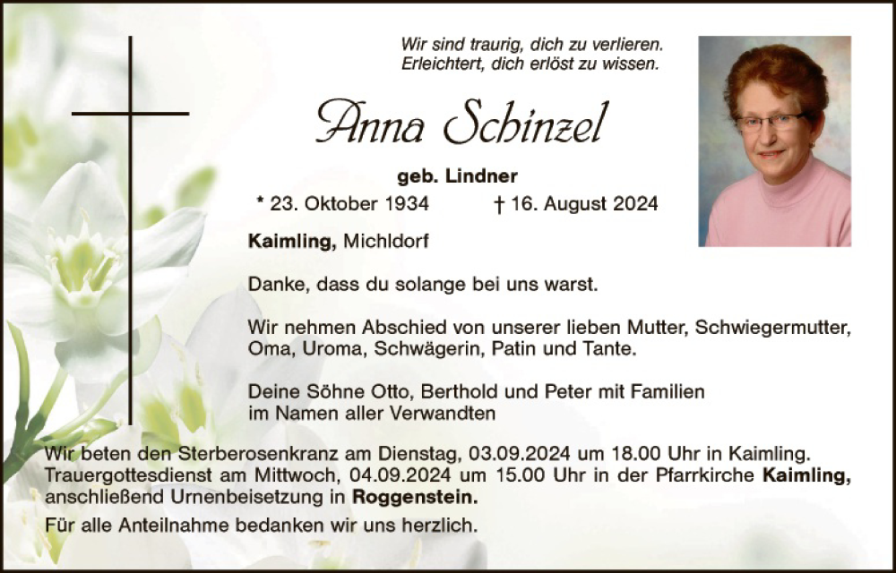  Traueranzeige für Anna Schinzel vom 31.08.2024 aus Hauptausgabe Weiden