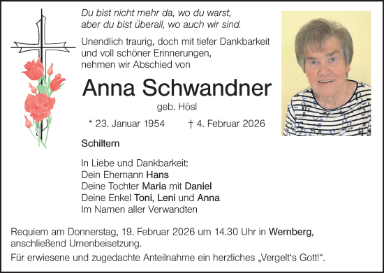 Traueranzeige von Anna Schwandner von Hauptausgabe Weiden