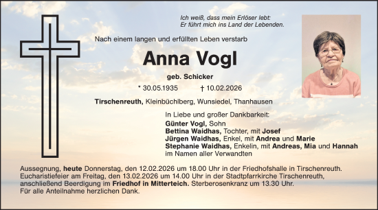 Traueranzeige von Anna Vogl von Tirschenreuth + Eschenbach - Kemnath - Erbendorf